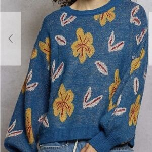 POL Blue Floral Crewneck Sweater with Yellow Flowers